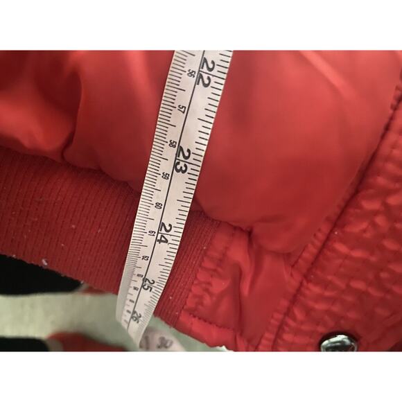 BEBE Red Hooded Puffer Jacket Coat Women L Faux Fur Short Rhinestone - Picture 7 of 16